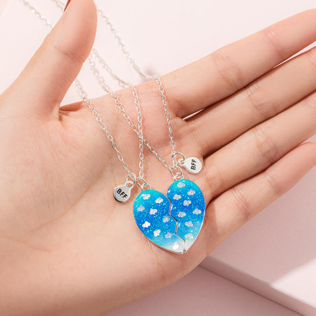 Blue color heart BFF Magnetic attraction alloy necklace set for kids