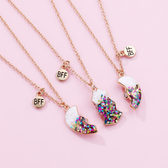 3pcs gliter sequins heart Magnetic attraction BFF necklace set