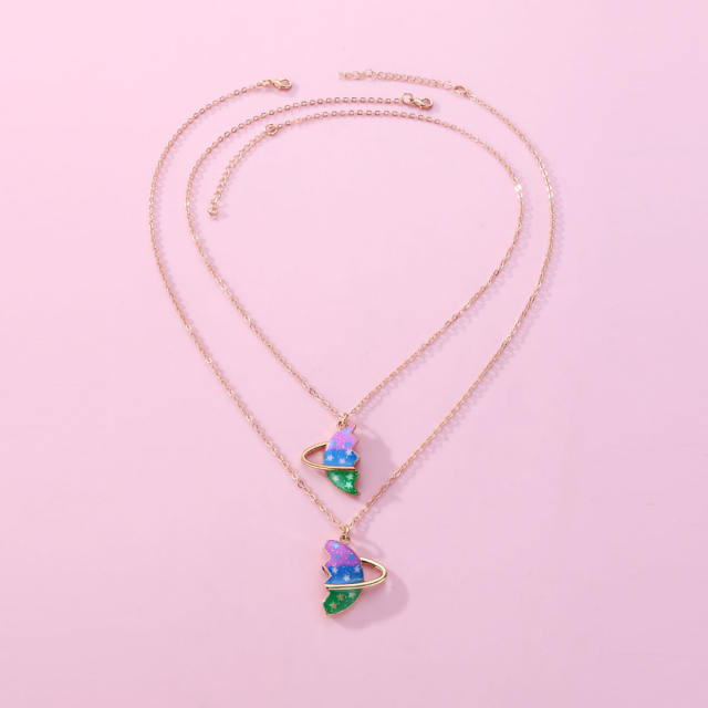 Color enamel alloy Magnetic attraction planet BFF necklace set