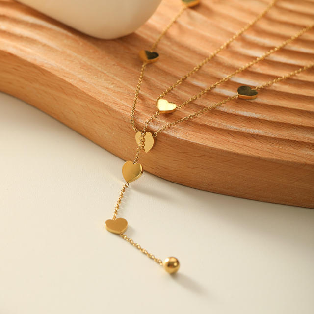 Korean fashion dainty two layer heart stainless steel lariat necklace