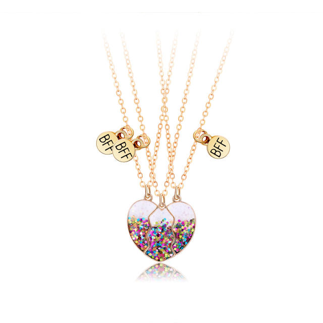 3pcs gliter sequins heart Magnetic attraction BFF necklace set