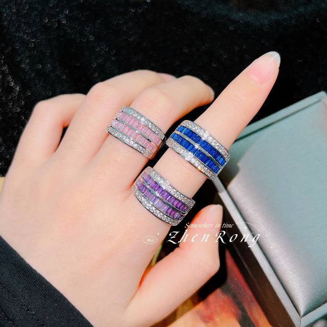 Luxury colorful cubic zircon pave setting statement copper rings