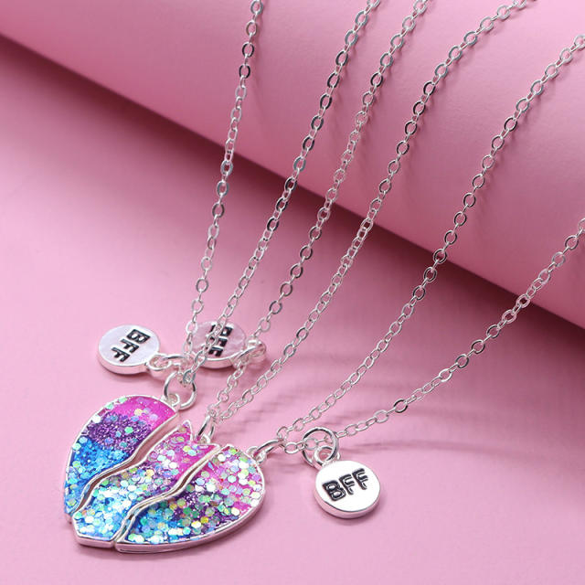 3pcs gliter sequins heart BFF necklace set