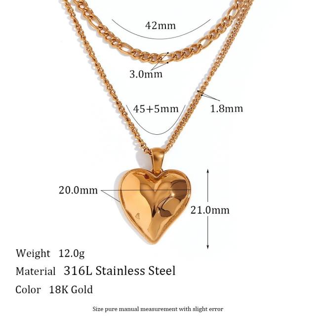 18KG Elegant heart diamond pendant stainless steel necklace