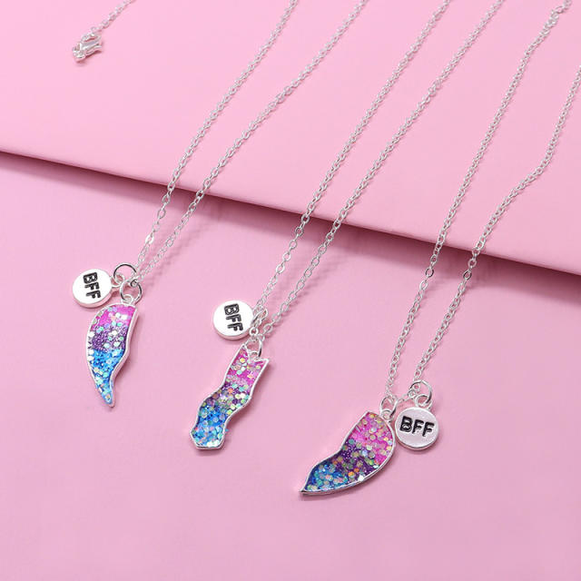 3pcs gliter sequins heart BFF necklace set