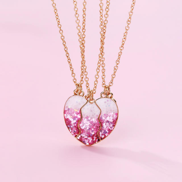 3pcs sweet gliter sequins Magnetic attraction heart BFF necklace