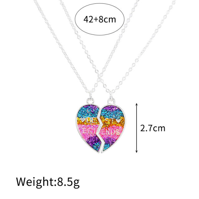 Rainbow color Gliter sequins heart BFF necklace set