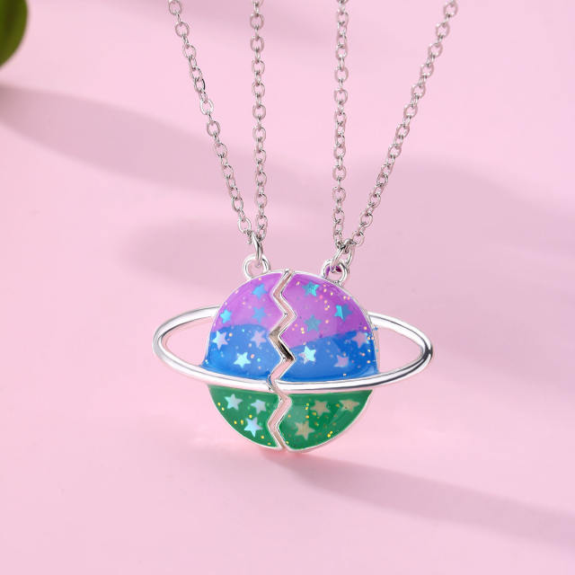 Color enamel alloy Magnetic attraction planet BFF necklace set