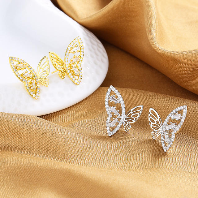 Delicate diamond hollow butterfly copper studs earrings
