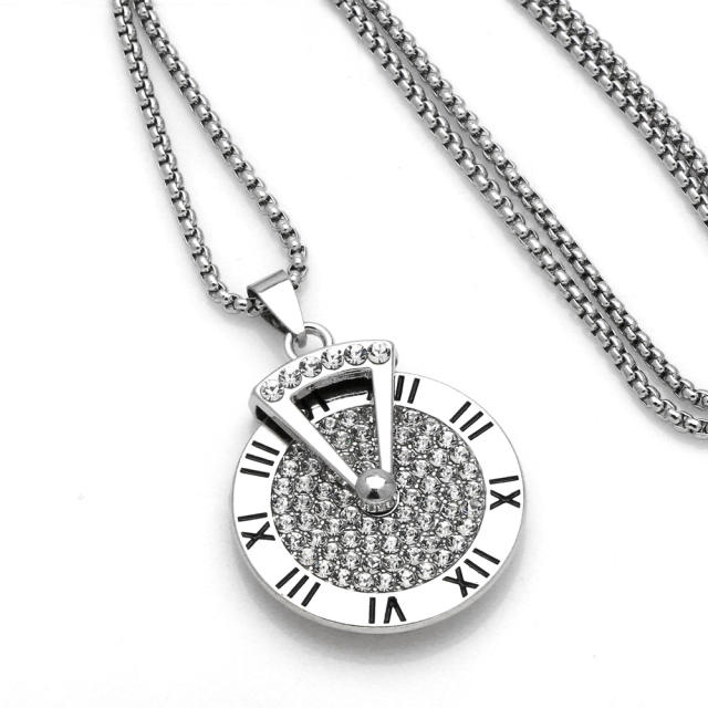 Hiphop diamond round piece alloy pendant stainless steel chain necklace
