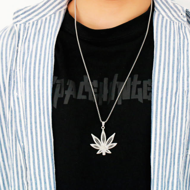 HIPHOP diamond maple leaves alloy pendant stainless steel chain necklace for men