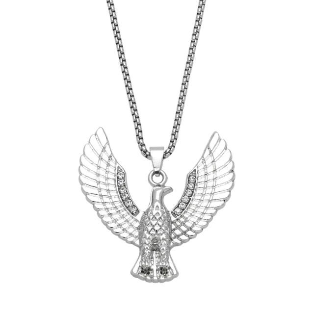 Hiphop diamond eagle alloy pendant stainless steel chain necklace for men