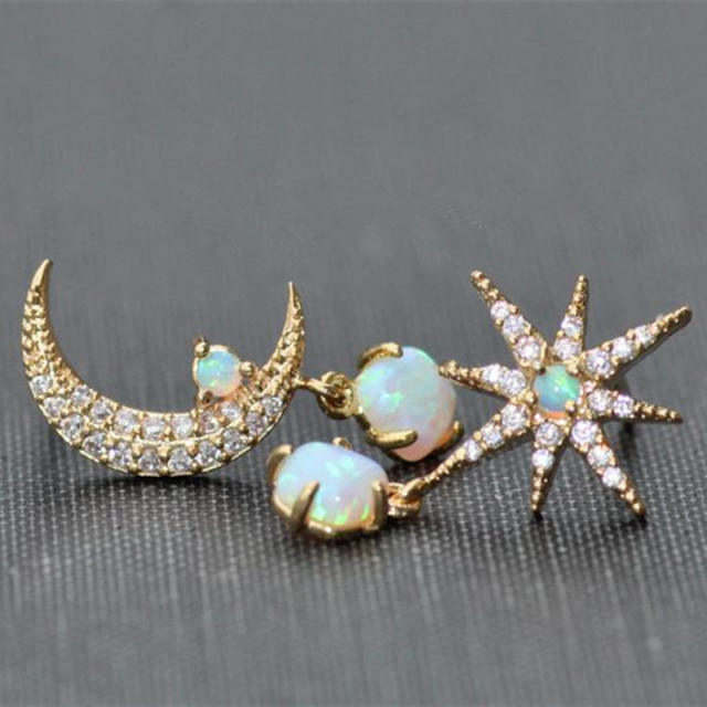 Creative moon star opal stone statement Asymmetric earrings