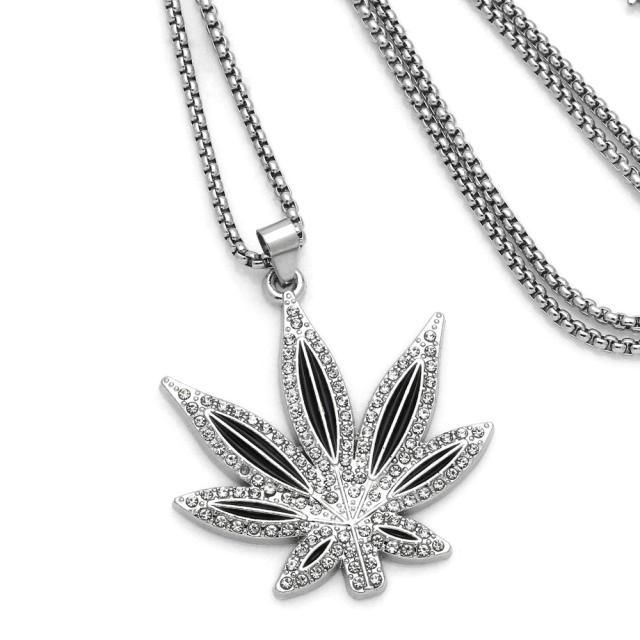HIPHOP diamond maple leaves alloy pendant stainless steel chain necklace for men