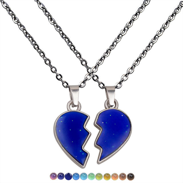 Best friends matching color changing heart stainless steel chain necklace