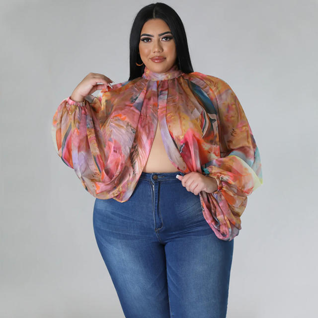 Plus size summer chiffon long sleeve cropped tops