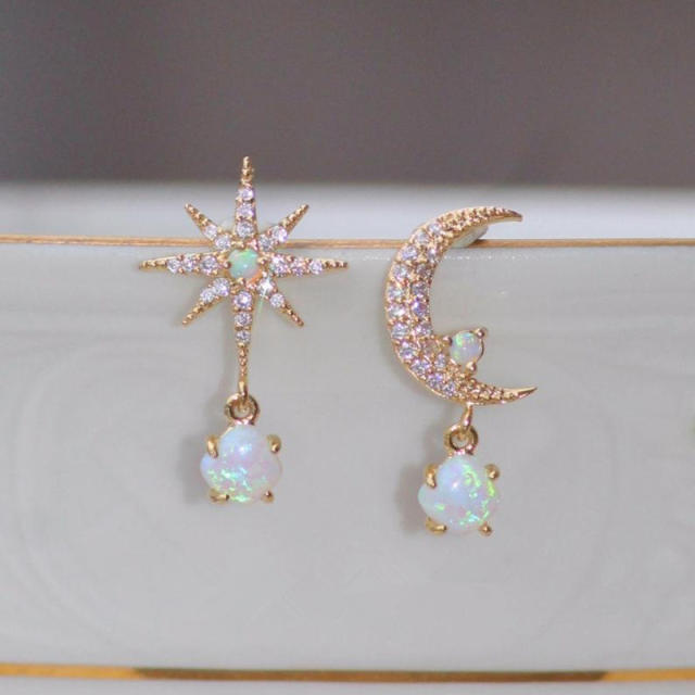 Creative moon star opal stone statement Asymmetric earrings