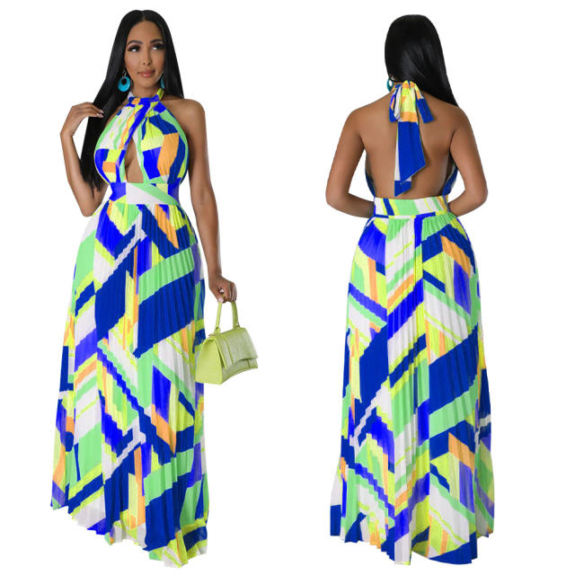 Holiday pattern sexy backless halter neck maxi dress