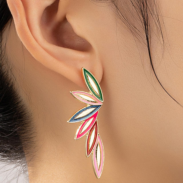 Beach trend color enamel leaf design alloy studs earrings