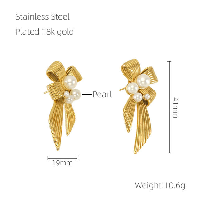Elegant pearl bead bow stainless steel earrings
