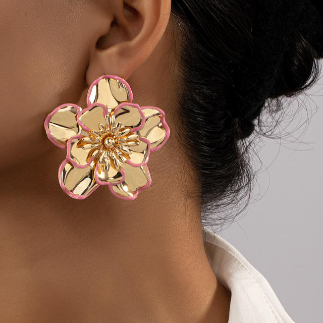 Chunky gold color metal camelllia flower studs earrings