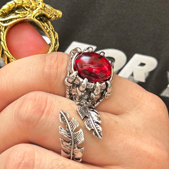 Punk trend red color bead stainless steel rings