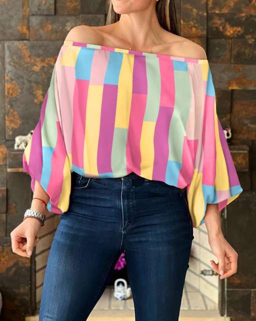 Amazon hot sale color pattern off shoulder women tops