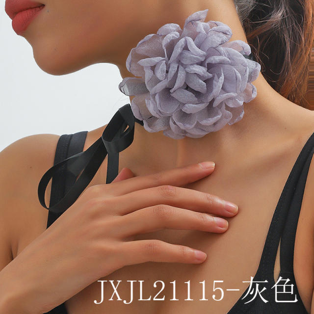 Vintage colorful fabric flower black choker