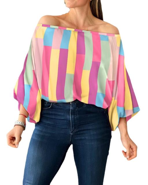 Amazon hot sale color pattern off shoulder women tops