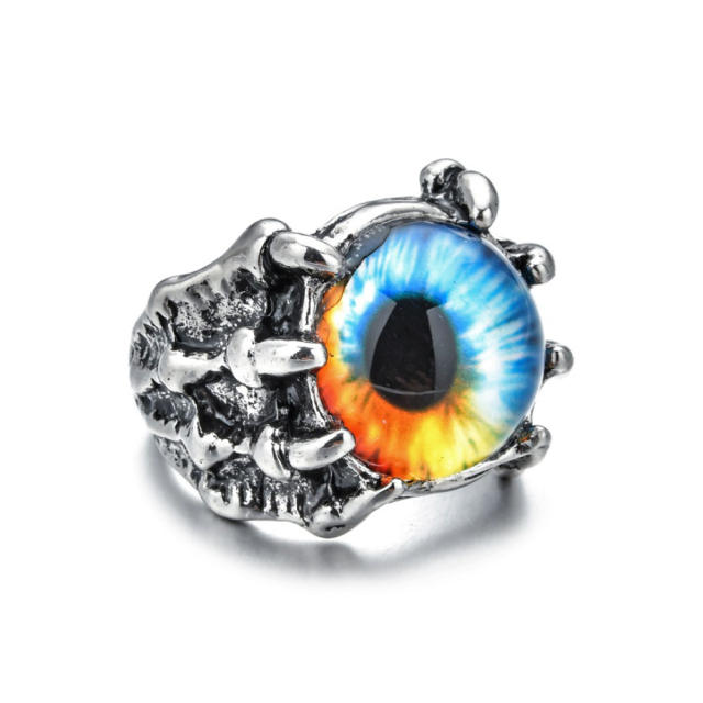 Vintage hiphop evil eye colorful bead stainless steel rings for men