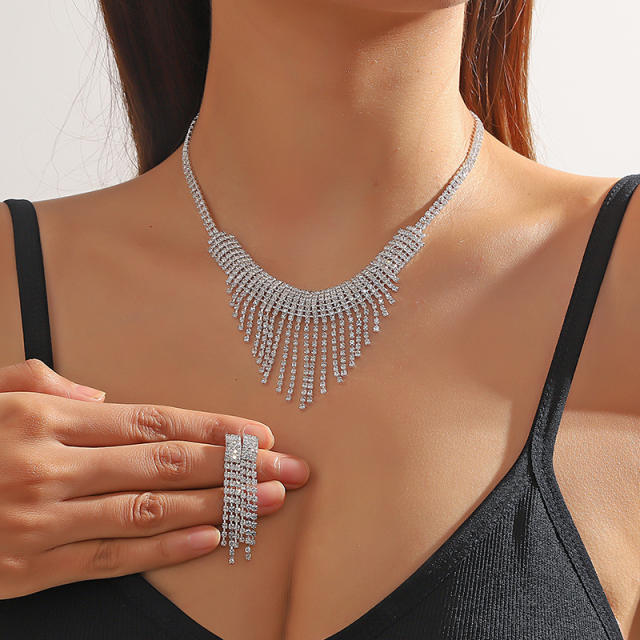 Elegant diamond tassel wedding necklace earring set