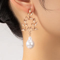Boho gold color alloy leaf faux pearl drop earrings