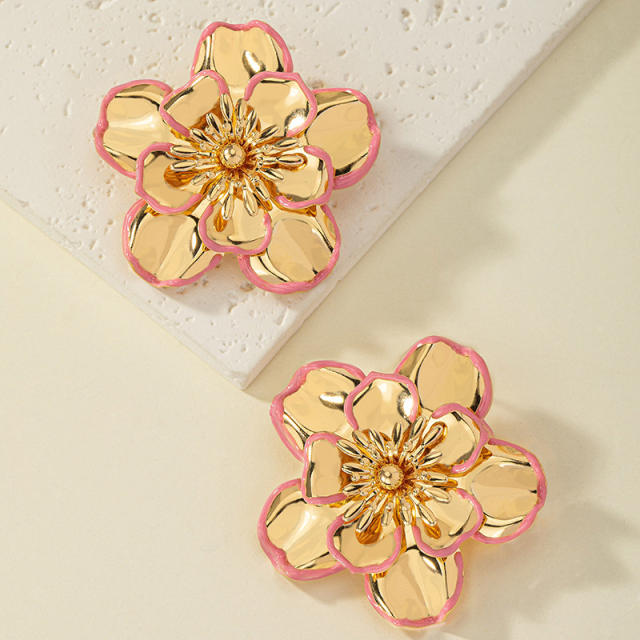 Chunky gold color metal camelllia flower studs earrings