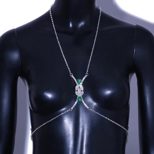 Green color glass crystal diamond chest chain bodychain