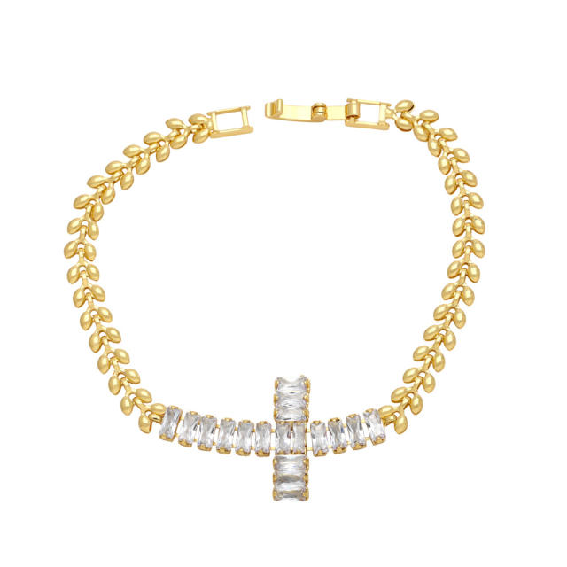 Hiphop color cubic zircon cross gold plated copper bracelet