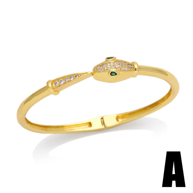 Personality rainbow cz heart snake leopar design gold plated copper bangle