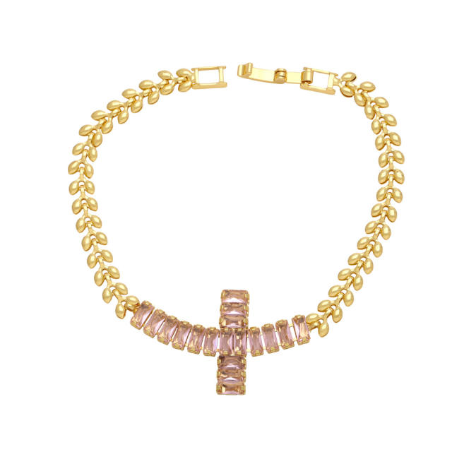 Hiphop color cubic zircon cross gold plated copper bracelet
