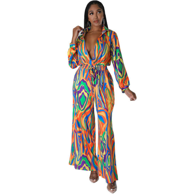 Hot sale v neck color pattern long sleeve jumpsuit