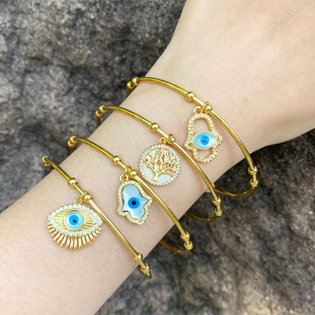 Classic evil eye hasma hand charm gold plated copper cuff bangle