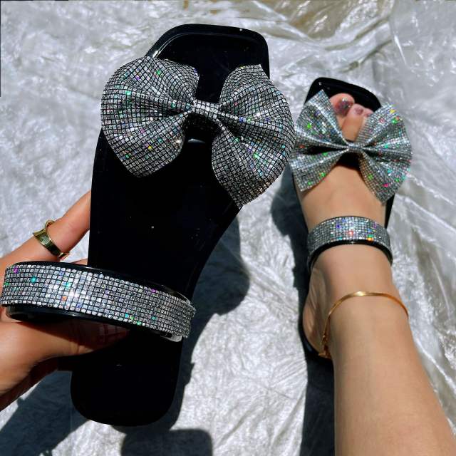 Color diamond bow flat slippers