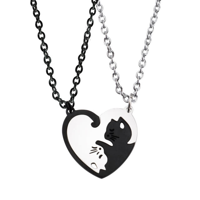 Delicate cat heart matching stainless steel keychain necklace