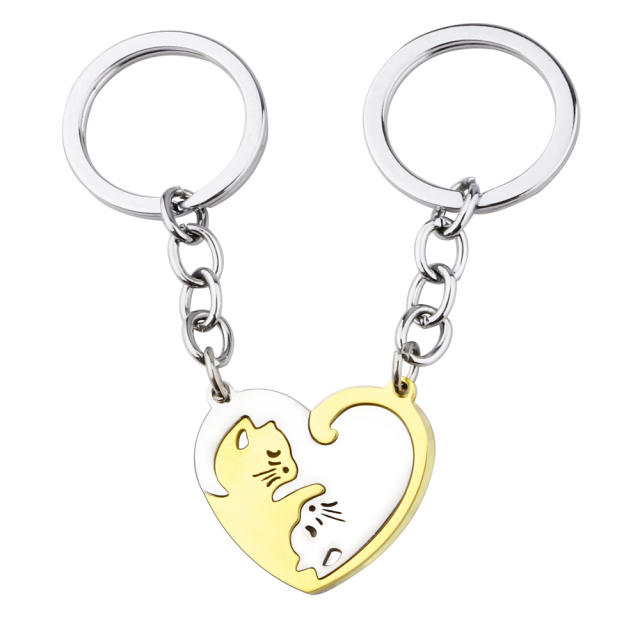 Delicate cat heart matching stainless steel keychain necklace