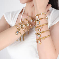 Hiphop diamond heart bead evil eye hasma hand charm stainless steel bracelet