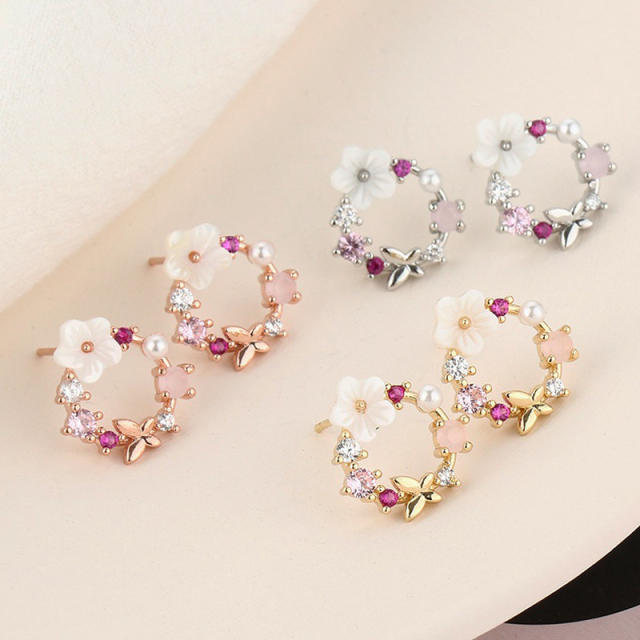 Romantic shell flower circle shape copper studs earrings