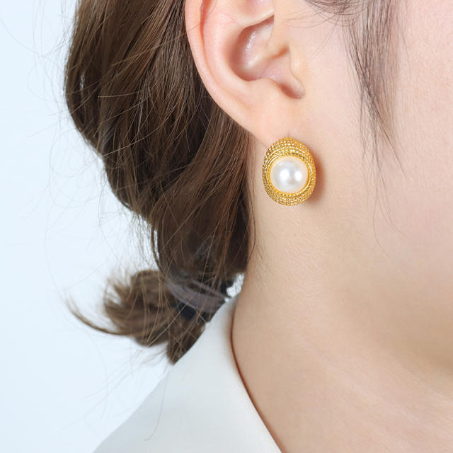 Chunky imitation pearl stainless steel earrings