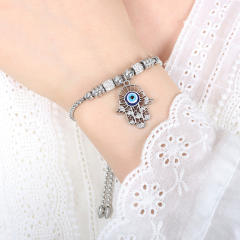 Hiphop diamond heart bead evil eye hasma hand charm stainless steel bracelet