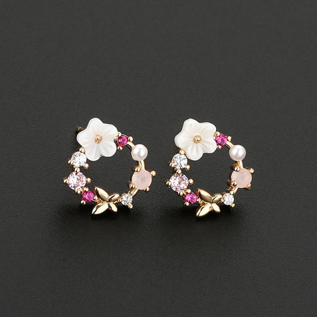 Romantic shell flower circle shape copper studs earrings