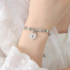 Hiphop diamond heart bead evil eye hasma hand charm stainless steel bracelet