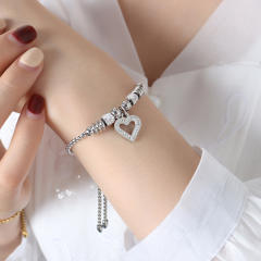Hiphop diamond heart bead evil eye hasma hand charm stainless steel bracelet