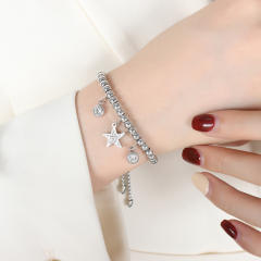 Hiphop diamond heart bead evil eye hasma hand charm stainless steel bracelet